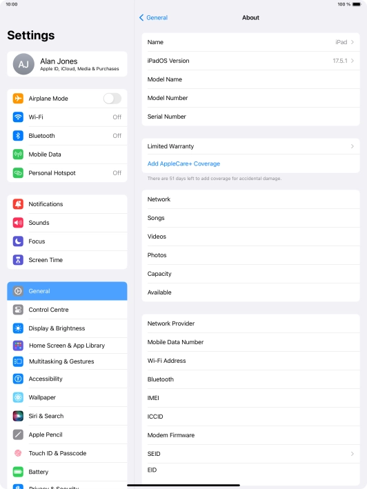 Your tablet's software version is displayed next to iPadOS Version.