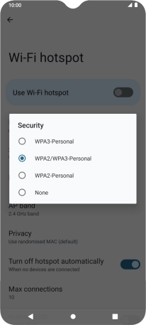 Press WPA3-Personal to password protect your Wi-Fi hotspot. Press WPA3-Personal to password protect your Wi-Fi hotspot.