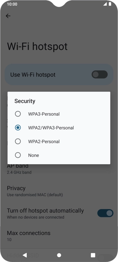Press WPA3-Personal to password protect your Wi-Fi hotspot. Press WPA3-Personal to password protect your Wi-Fi hotspot.