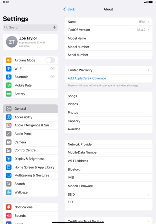Your tablet's EID number is displayed below EID.