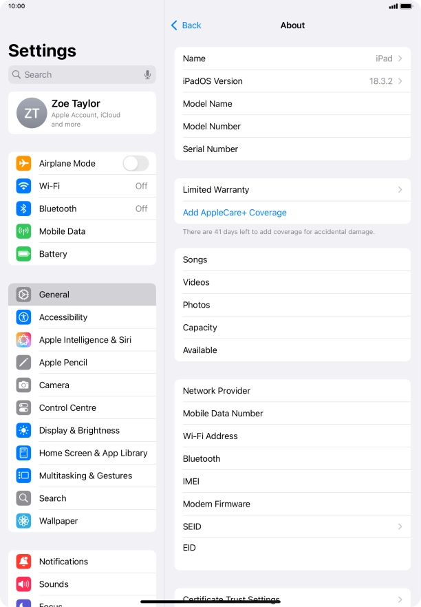 Your tablet's EID number is displayed below EID.