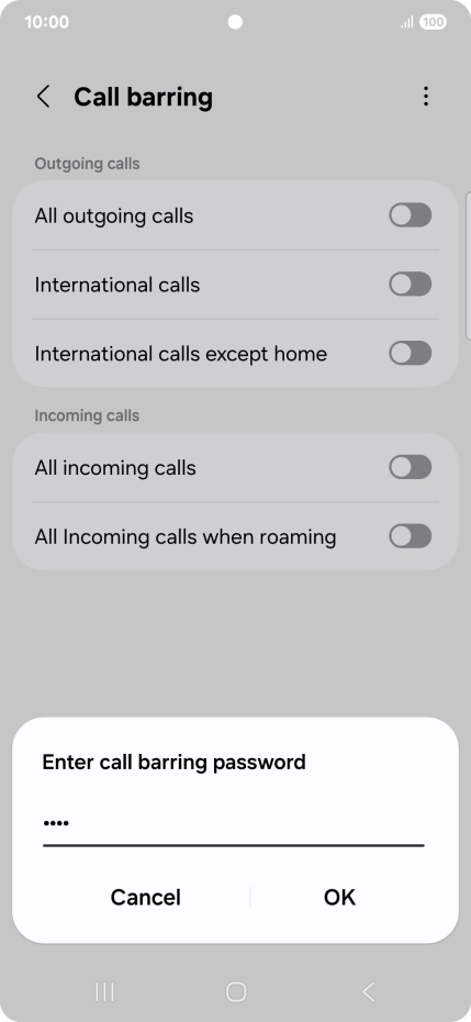 Key in your barring password and press OK. The default barring password is 1919.