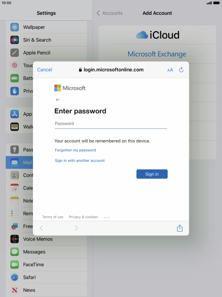 Press Password and key in the password for your email account.
