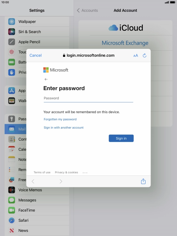 Press Password and key in the password for your email account.