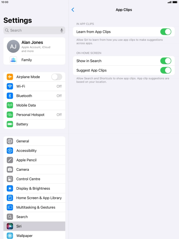 Press the indicators next to the required settings to turn them on or off.