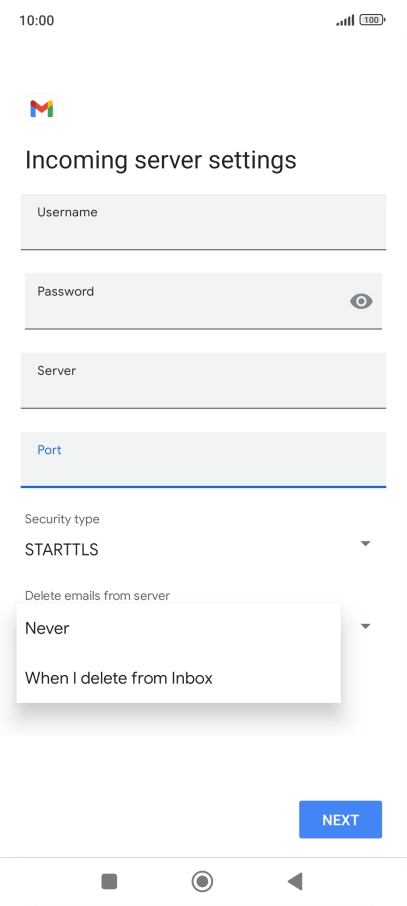 Press Never to keep email messages on the server when you delete them on your phone.