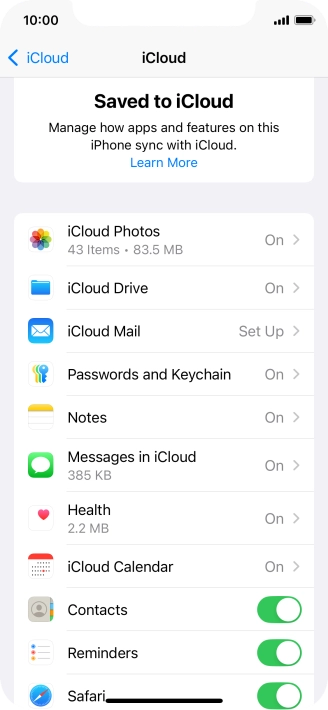 Press the indicators next to the required data types to turn synchronisation of each data type on or off.