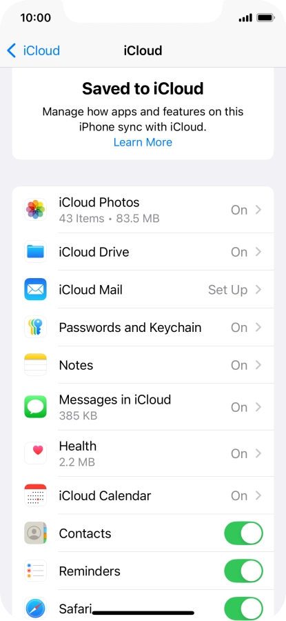 Press the indicators next to the required data types to turn synchronisation of each data type on or off.