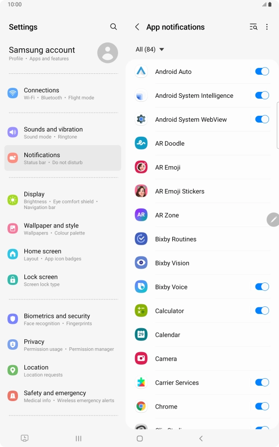 Press the indicators next to the required apps to turn the function on or off.