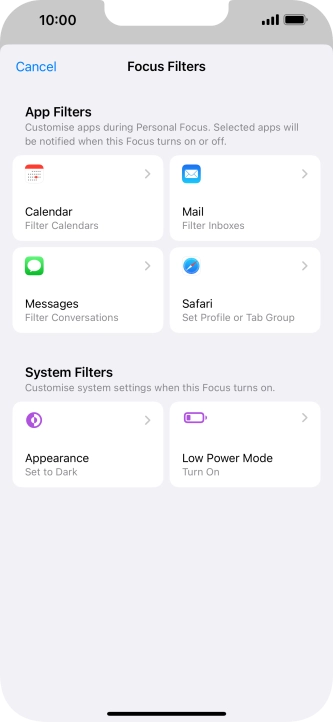 To see specific calendars in the selected focus mode, press Calendar and follow the instructions on the screen to select the required calendars.