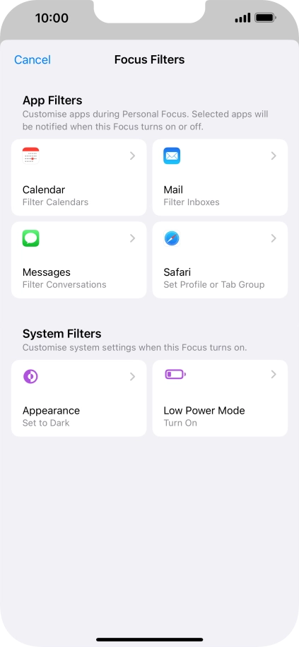 To see specific calendars in the selected focus mode, press Calendar and follow the instructions on the screen to select the required calendars.
