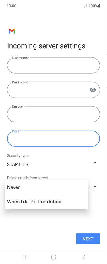 Press Never to keep email messages on the server when you delete them on your phone.
