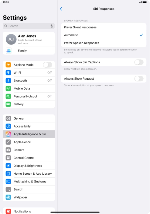 Press the required setting.