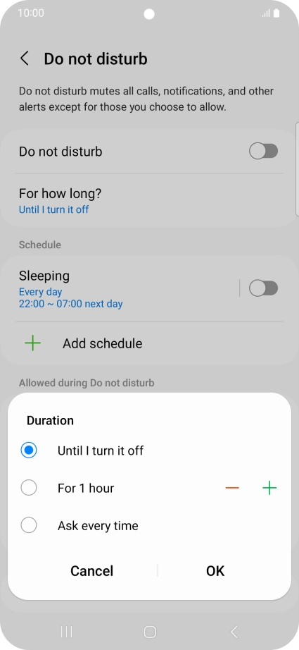 Press the required setting.