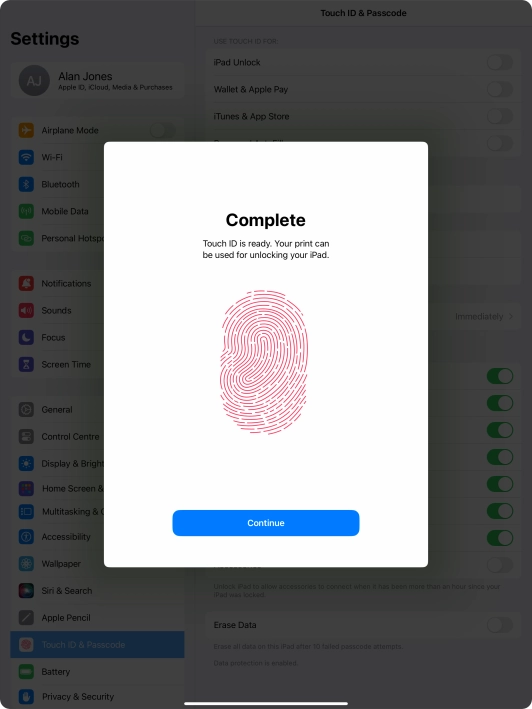 Press Continue. If you haven't previously selected a lock code, key in a code of your own choice twice.