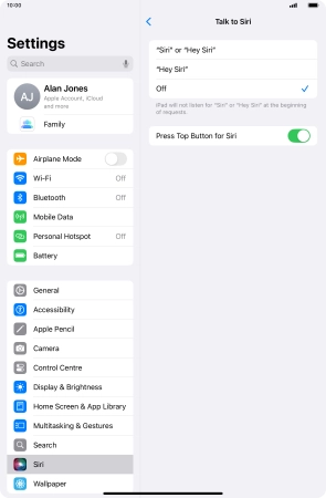 Press the required setting to turn the function on or off. If you turn on the function, you need to follow the instructions on the screen to set up Siri to recognise your voice.