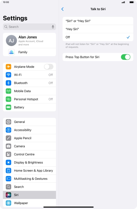 Press the required setting to turn the function on or off. If you turn on the function, you need to follow the instructions on the screen to set up Siri to recognise your voice.