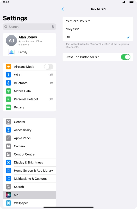 Press the required setting to turn the function on or off. If you turn on the function, you need to follow the instructions on the screen to set up Siri to recognise your voice.