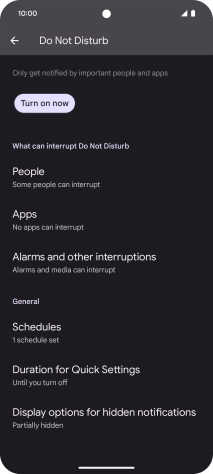 Press Turn on now to turn the function on or off.