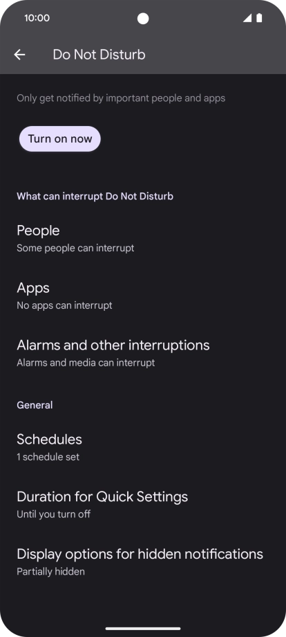 Press Turn on now to turn the function on or off.