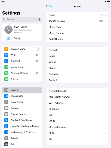 Your tablet's EID number is displayed below EID.