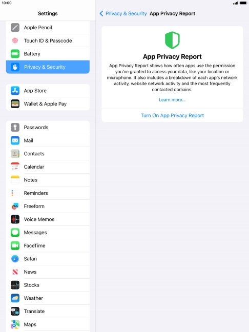 Press Turn On App Privacy Report to turn on the function.