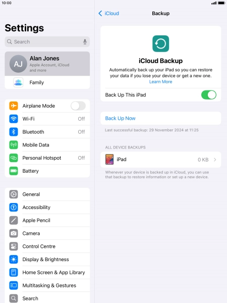 Press Back Up Now and wait while the tablet memory is backed up.