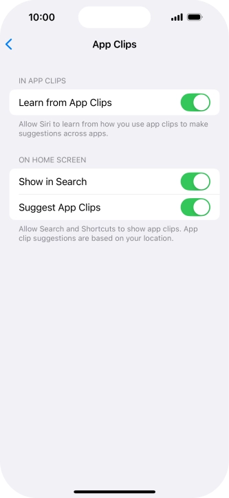 Press the indicators next to the required settings to turn them on or off.