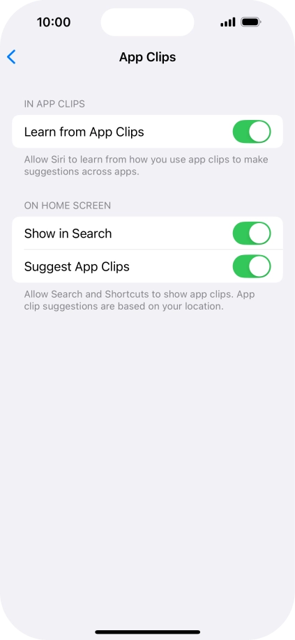Press the indicators next to the required settings to turn them on or off.
