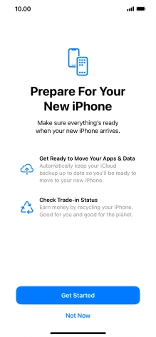 Press Get Started and follow the instructions on the screen to select the required settings and back up the phone memory to iCloud. Once you've received your new iPhone, you'll be able to restore the content of the iCloud backup.