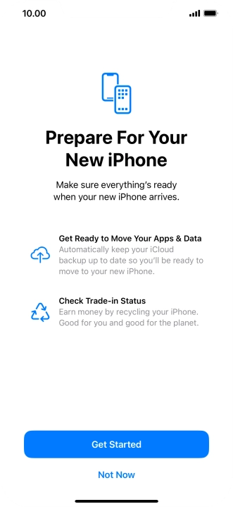 Press Get Started and follow the instructions on the screen to select the required settings and back up the phone memory to iCloud. Once you've received your new iPhone, you'll be able to restore the content of the iCloud backup.