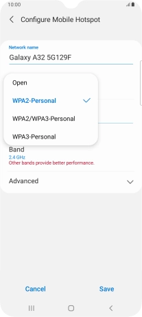 Press WPA2-Personal to password protect your Wi-Fi hotspot. Press WPA2-Personal to password protect your Wi-Fi hotspot.
