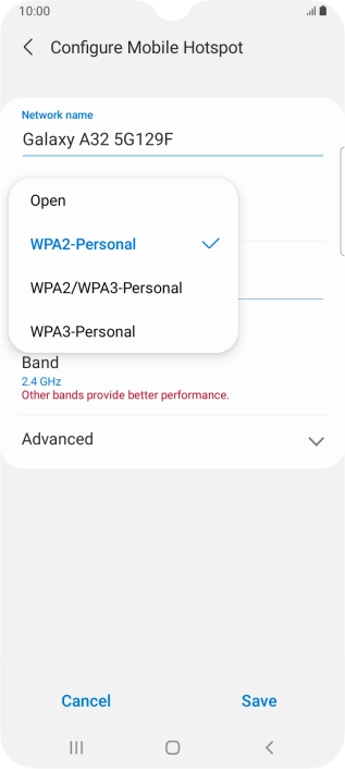 Press WPA2-Personal to password protect your Wi-Fi hotspot. Press WPA2-Personal to password protect your Wi-Fi hotspot.