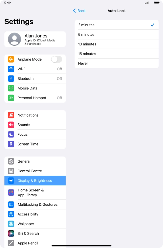 Press the required setting.