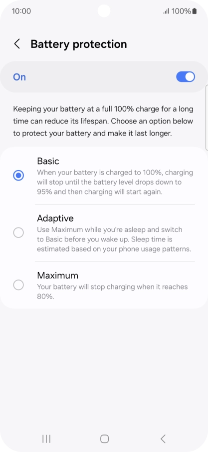 Press the required setting.