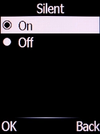 Select On and press the Left selection key to turn on silent mode.