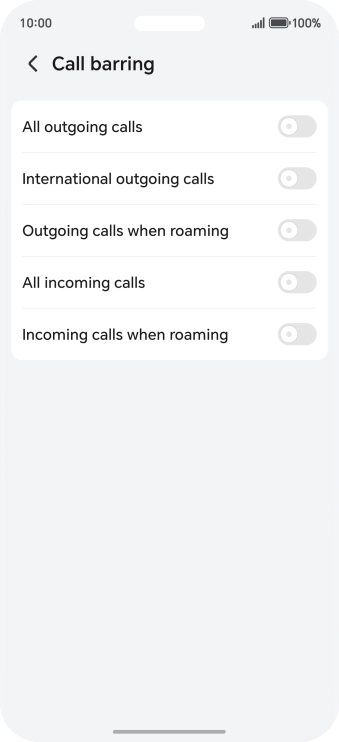 Press the indicator next to the required barring type to turn the function on or off.
