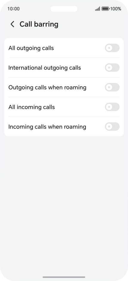 Press the indicator next to the required barring type to turn the function on or off.