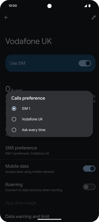 Press the required setting.