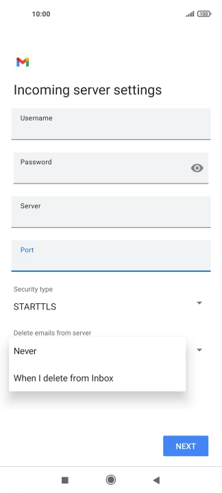 Press Never to keep email messages on the server when you delete them on your phone.