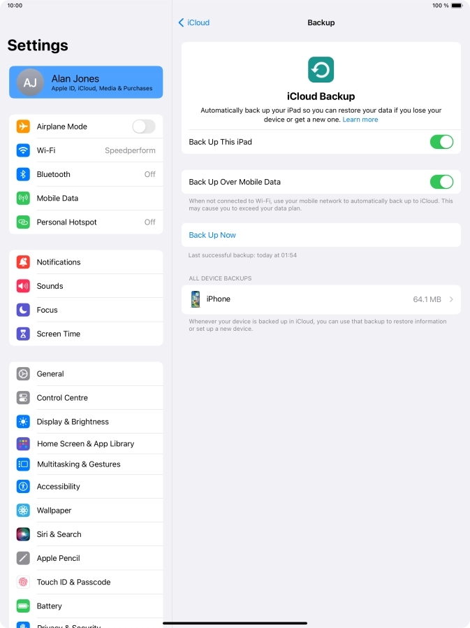 Press Back Up Now and wait while the tablet memory is backed up.