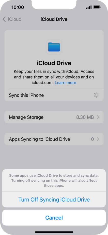 If you turn off the function, press Turn Off Syncing iCloud Drive.