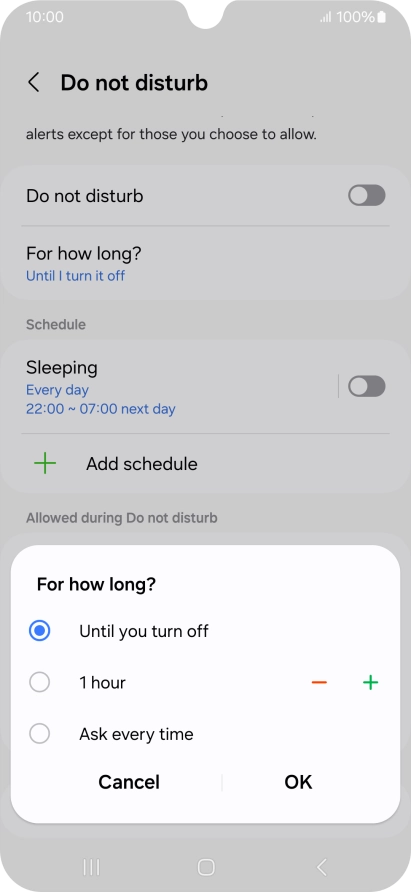 Press the required setting.