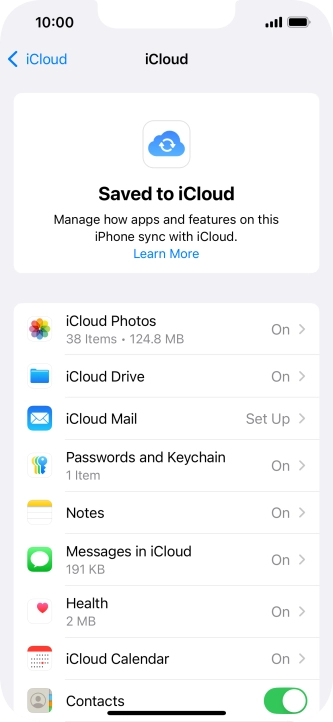 Press the indicators next to the required data types to turn synchronisation of each data type on or off.