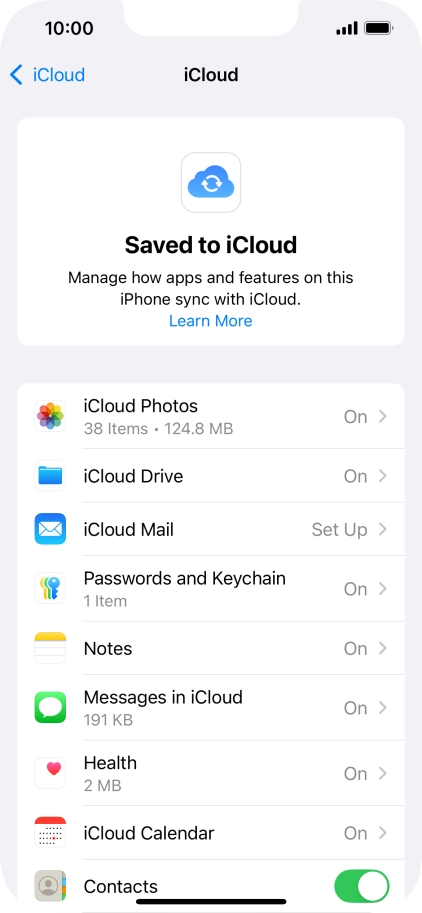 Press the indicators next to the required data types to turn synchronisation of each data type on or off.