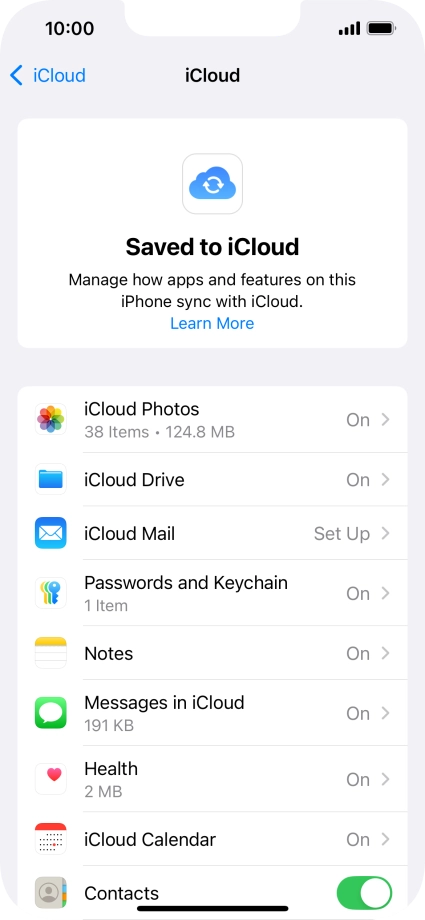 Press the indicators next to the required data types to turn synchronisation of each data type on or off.