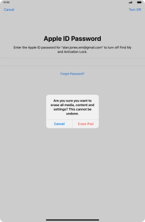 Key in the password for your Apple ID and press Erase iPad. Wait a moment while the factory default settings are restored. Follow the instructions on the screen to set up your tablet and prepare it for use.