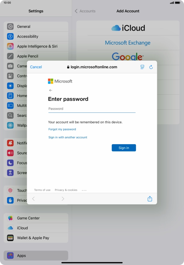 Press Password and key in the password for your email account.