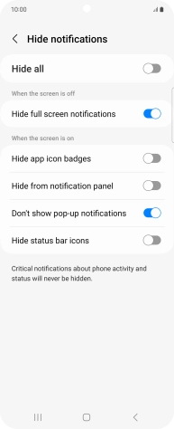 Press the indicators next to the required settings to turn display of the selected notification types on or off.