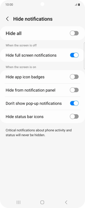 Press the indicators next to the required settings to turn display of the selected notification types on or off.